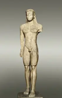Prints of The Sounion kouros. Votive statue. Archaic Greek art. Sculpture on marble. Proc: GREECE. Sunion. Temple of Poseidon Sculpture Prints: The Sounion Kouros Print: Archaic Greek Marble Votive Statue