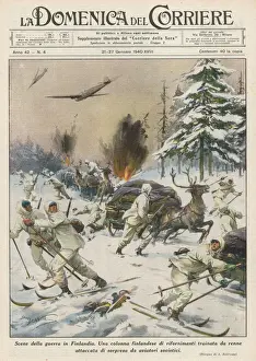 Prints of Finland : Soviet aircraft attack a Finnish supply train of elk-drawn sledges : the Finnish troops themselves are on skis Finland Prints: Soviet Air Attack on Finnish Supply Train Print