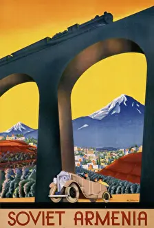 Prints of Tourism poster for Soviet Armenia, with a steam train passing over a viaduct and a motor car driving through the landscape Poster Prints: Soviet Armenia Tourism Print Featuring Steam Train and Motor Car