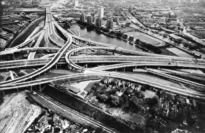 Prints of SPAGHETTI JUNCTION Aerial view of the famous tangle of roads known collectively as Spaghetti Junction, Birmingham, England. Date: 1970s Map Prints: Spaghetti Junction Aerial View Print, Birmingham, 1970s