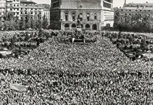 Prints of Spain (1946). Demonstration supporting Franco at the plaza de Oriente (East Square) in Madrid after the exclusion of Spain Politic Prints: Demonstration Supporting Franco in Madrid Print (1946)