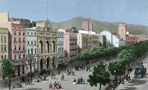 Prints of Spain. Catalonia. Barcelona. Lithography. La Rambla and the Gran Teatro del Liceo (Opera house), before his fire in 1861. Engraving. Colored Opera Prints: La Rambla and the Gran Teatro del Liceo, Barcelona Print