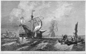 Prints of THE SPANISH ARMADA Drake tows the captured Capitana into Torbay Francis Drake Prints: Print of the Spanish Armada Defeated, 1588