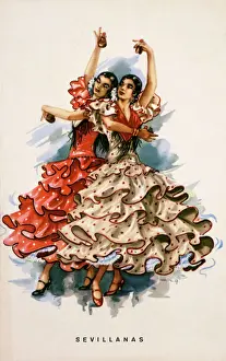 Prints of Two Flamenco dancers dancing with castanets Dance Prints: Spanish Flamenco Dancers Print with Castanets