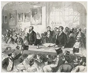 Prints of The explorers deliver a lecture at the Royal Geographical Society John Hanning Speke Prints: Speke & Grant Print: Royal Geographical Society Lecture