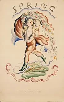 Spring Print Featuring a Farmer and Lamb with Floral Cornucopia