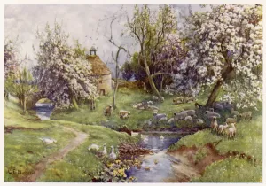 Prints of A picturesque stream in the English countryside, with geese on the banks and swimming, and a flock of sheep neath the spring blossom Geese Prints: English Countryside Print: Geese and Sheep by a Spring Stream