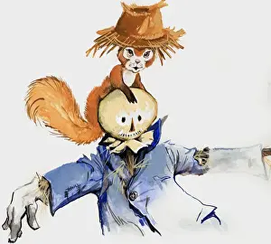 Wildlife In The Countryside Prints: Squirrel on a scarecrow