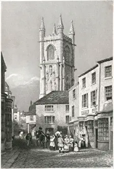 St Austell, Cornwall Street Scene Print with Church Tower