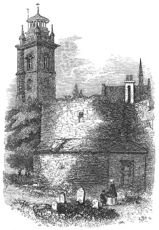 Prints of Engaving depicting St Giles Cripplegate showing the old wall Cathedrals And Church Prints: St Giles Cripplegate Print: Medieval Church Surviving the Great Fire