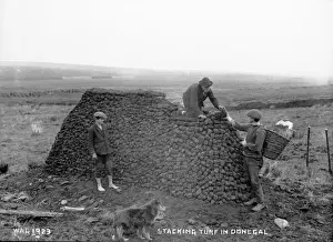 Early 1900s Irish Photography Prints: Stacking Turf in Donegal