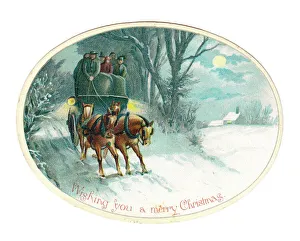 Stagecoach and horses on an oval Christmas card Stagecoach and horses on an oval Christmas card