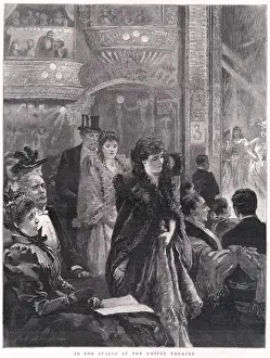 Prints of Engraving showing three theatre-goers heading for their seats, in the stalls, at the Empire Theatre, 1894. All these people are depicted wearing formal, evening attire for their trip to the theatre Theatre Prints: Empire Theatre Stalls Print, 1894: Formal Evening Attire