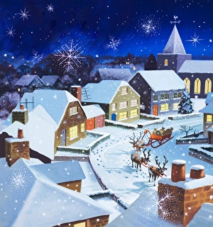 Starry village with snow and Christmas sleigh Starry village with snow and Christmas sleigh