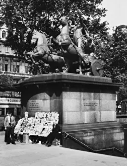 Prints of QUEEN OF THE ICENI This bronze statue of Boadicea (Boudicca), at the foot of Westminster Bridge, London, was sculpted in 1850 by Thomas Thornycroft Westminster Bridge Prints: Print of Statue of Boadicea, Bronze Figure at Westminster Bridge