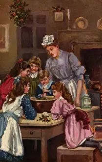 Old Fashioned Christmas Scene Prints: Stirring the Xmas pudding
