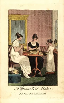Straw-hat makers, women and girl, sewing hats Straw-hat makers, women and girl, sewing hats