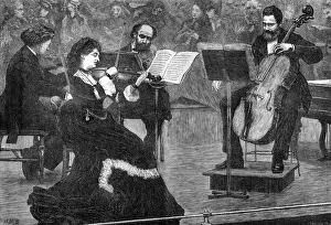 Prints of Mr.L.Ries, Madame Norman-Neruda, Herr Straus and Signore Piatti performing at one of the Monday popular concerts at St Jamess Hall. Date: 1872 Related Prints: 1872 Print of St James's Hall Concert