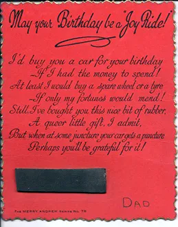 Strip of rubber with comic verse on a birthday card Strip of rubber with comic verse on a birthday card