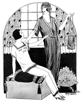 Stylish ladies in their nightwear discuss a handbag Stylish ladies in their nightwear discuss a handbag