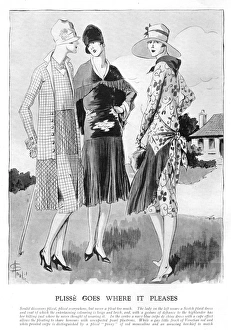 Three summer fashion ensembles sketched by Soulie, 1926 Three summer fashion ensembles sketched by Soulie, 1926