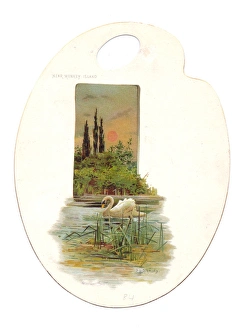 Swan on the water on a palette-shaped greetings card Swan on the water on a palette-shaped greetings card