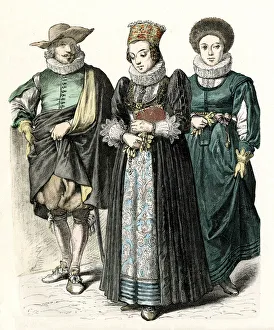 Two Swiss women and a man in costume Two Swiss women and a man in costume