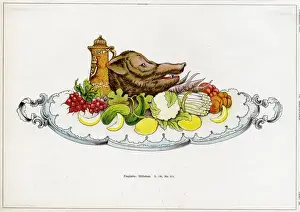 19th Century Print - Boar's Head with Vegetables Display