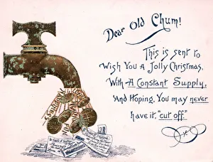 Tap pouring out money with comic verse on a Christmas card Tap pouring out money with comic verse on a Christmas card