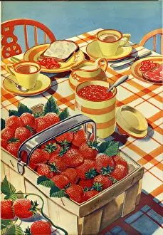 Vintage Tea Time Scene Prints: Tea table with strawberries and jam