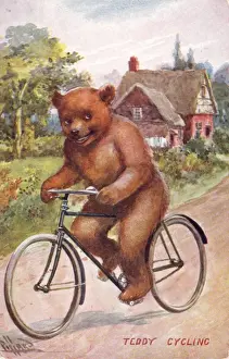 Road Bike Prints: Teddy Bear on a Bicycle Print, circa 1900s