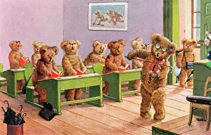 Teddy Bears in a Classroom Music Lesson Print, circa 1900s