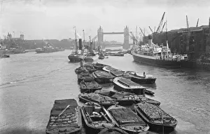 Prints of Barges on the Thames, seen from London Bridge, looking towards Tower Bridge Bridge Prints: Thames London Bridge Barges Print, Seen from London Bridge