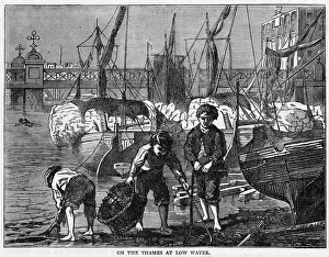 Prints of Barefoot mudlarks scavenging in the Thames at low water River Thames Prints: Thames Mudlarks Print: Scavenging in the Thames at Low Water