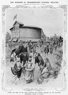 Prints of The Wooden O : Shakespeares summer theatre. Outside the first of the Globe theatres; the audience arriving at the playhouse Theatre Prints: Print of Theatregoers at the Globe Theatre, C16Th