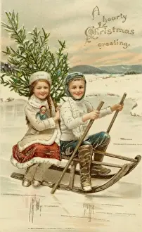 Winter Outdoor Activities Prints: Tobogganing with Tree
