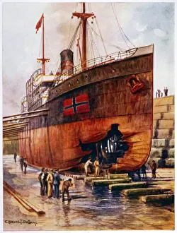 Ships And Boat Prints: Torpedoed Ship in Dock Print
