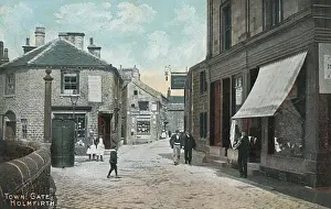 Prints of Town Gate, Holmfirth, West Yorkshire. Holmfirth has become well known as the location of the situation comedy Last of the Summer Wine. Date: 1905 West Yorkshire Prints: Town Gate, Holmfirth, West Yorkshire Print 1905