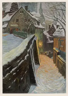 German Winter Landscape Photo Prints: Town in Winter Evening