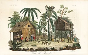 Traditional stilt houses in a village in Sumatra, circa 1800 Traditional stilt houses in a village in Sumatra, circa 1800