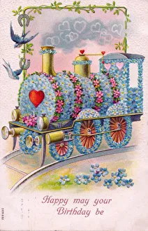 Train decorated with flowers on a birthday postcard Train decorated with flowers on a birthday postcard