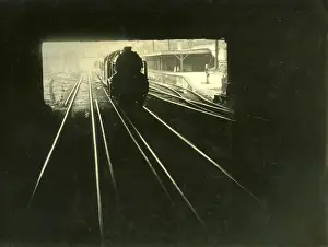Vintage Train Images Prints: Train Goes under Bridge