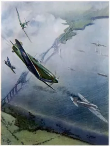 Print of Spitfires over the Forth Bridge intercepting German Heinkel IIIs