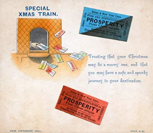Travel tickets with comic verse on a Christmas card Travel tickets with comic verse on a Christmas card