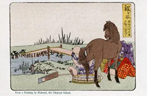 Traveller washing his horse at Hodogaya station by Hokusai Traveller washing his horse at Hodogaya station by Hokusai