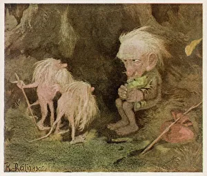 Troll, pet frog, and two long-tailed creatures Troll, pet frog, and two long-tailed creatures