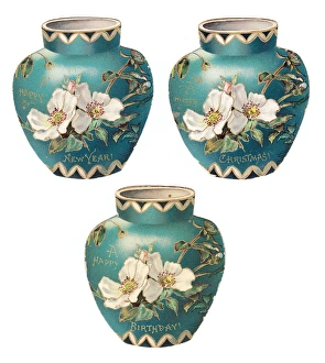 Turquoise pots with white flowers on three cutout cards Turquoise pots with white flowers on three cutout cards