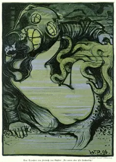 Underwater Romance Print: A Diver Meets a Mermaid