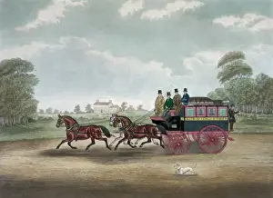 Prints of The Unicorn Norwich coach. Men on coach Norwich to Cromer, drawn by three horses. Date 1830. The Unicorn Norwich coach. Men on coach Norwich to Cromer, drawn by three horses. Date 1830 Norwich Prints: The Unicorn Norwich Coach Print, 1830