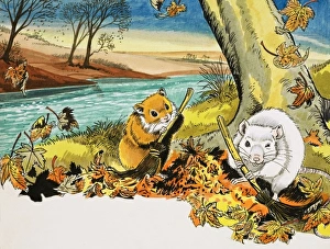 Unidentified scene of mice sweeping autumn leaves Unidentified scene of mice sweeping autumn leaves